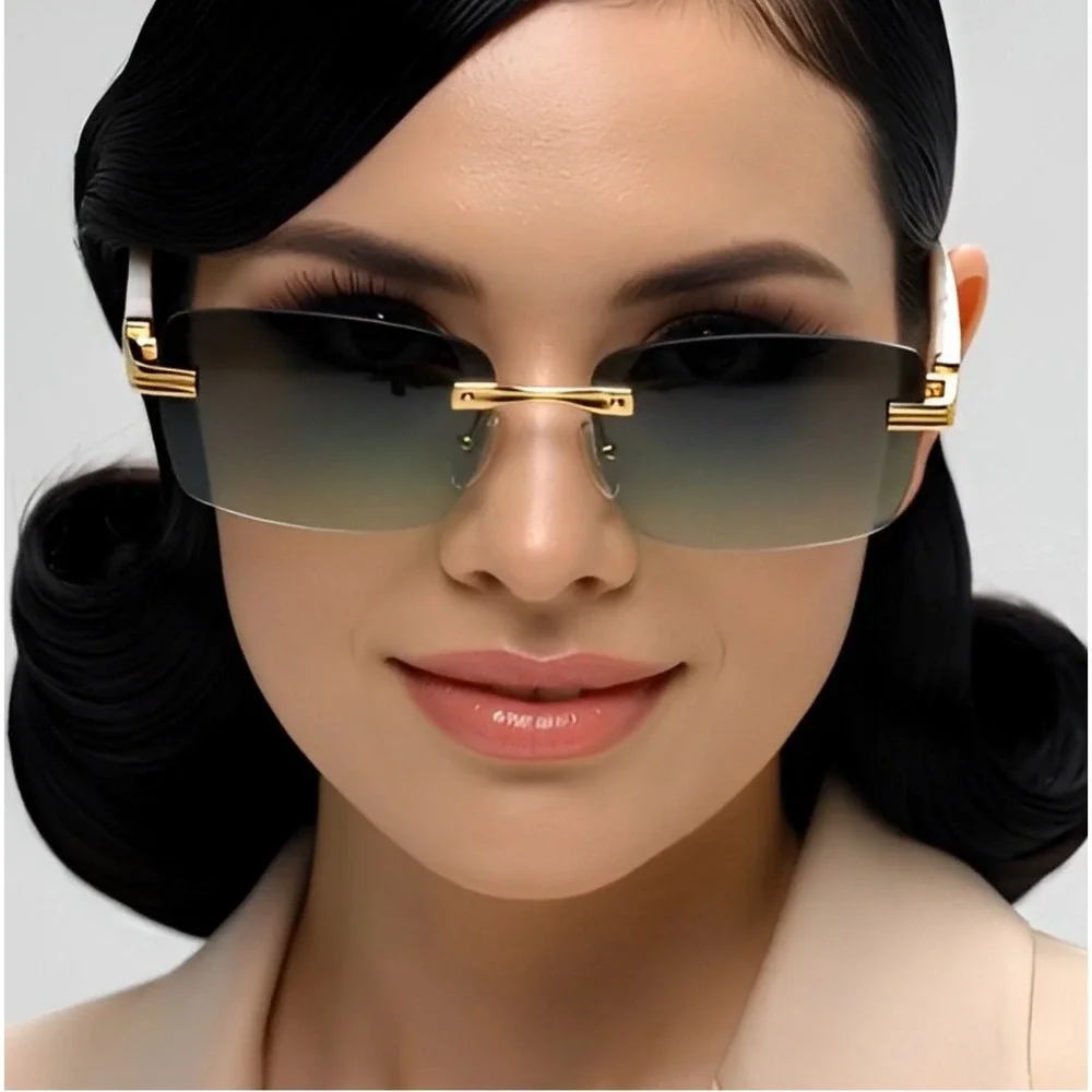 Rimless Rectangle Sunglasses Vintage Style Gold Frame Horn Rim Fashion Women New